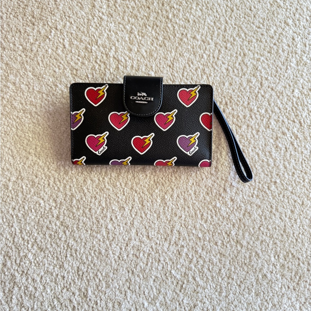 New Coach Black Wristlet/Cell Phone Wallet with Heart and Lightning Design